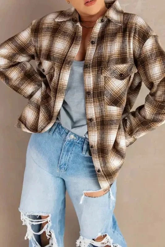 Shackets Buttons Pockets Plaid Shacket
