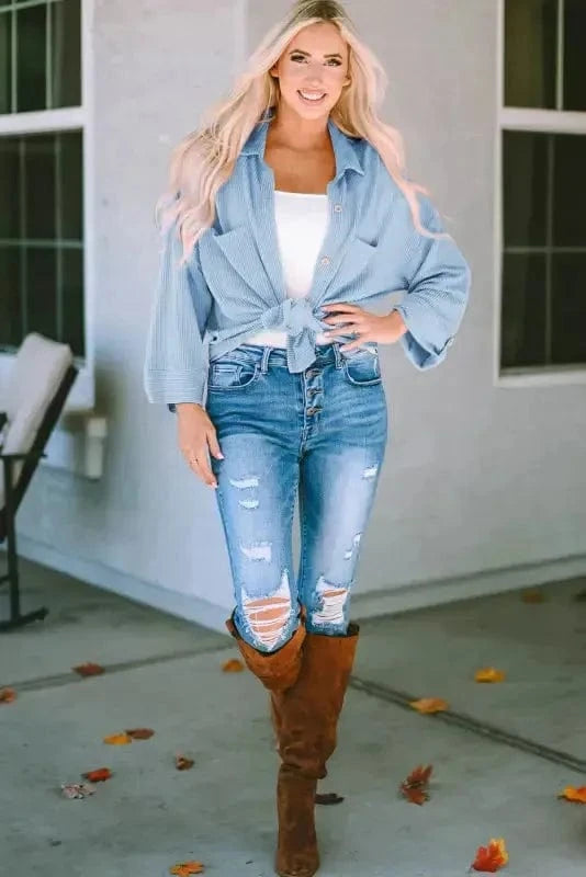 Shackets Cording Shacket with Roll-Tab Sleeves - Stylish Fit