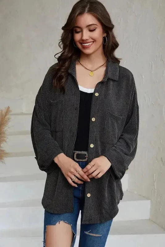 Shackets Cording Shacket with Roll-Tab Sleeves - Stylish Fit