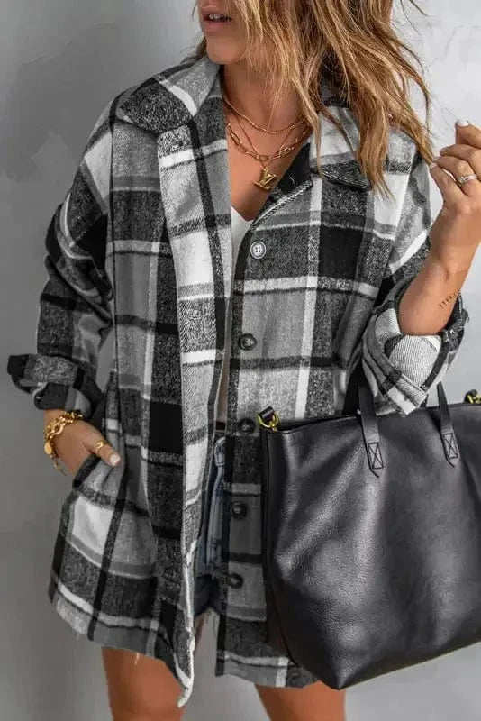 Shackets Gray / S / 100%Polyester Red Plaid Buttoned Shirt Jacket