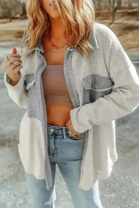 Grey winter knit shacket with chest pocket and button front view — Fashionfitz UK