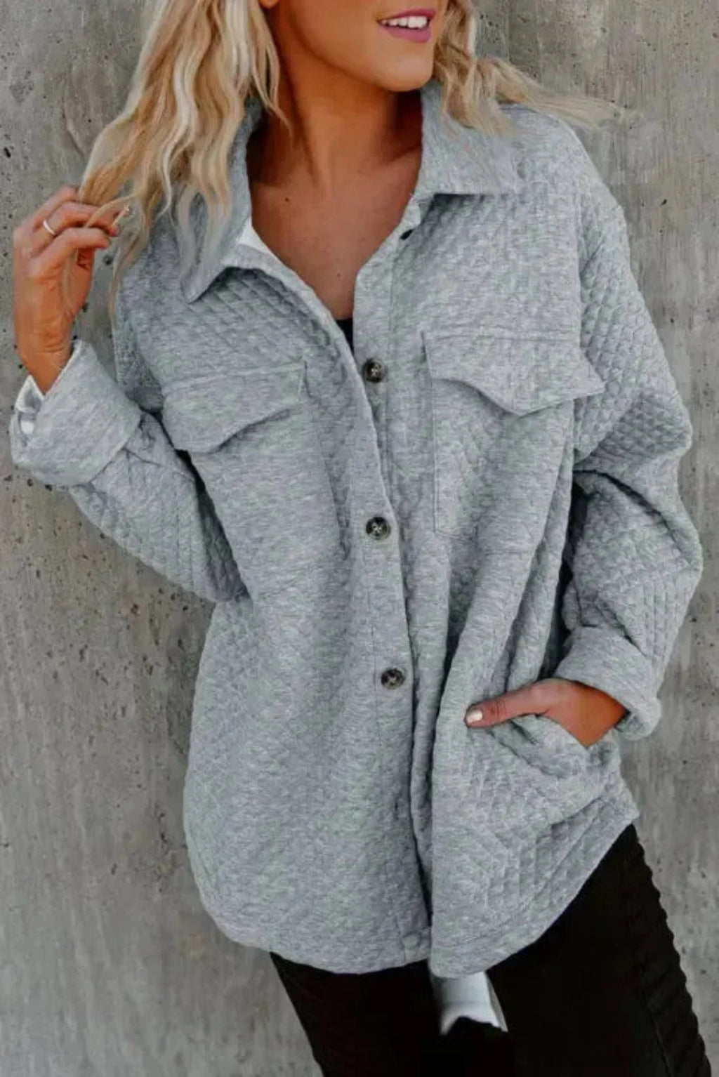 Shackets Gray / S / 95%Polyester+5%Elastane Lattice Textured Retro Shacket