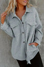 Woman wearing grey lattice textured retro shacket with flap pockets and button front Fashionfitz UK