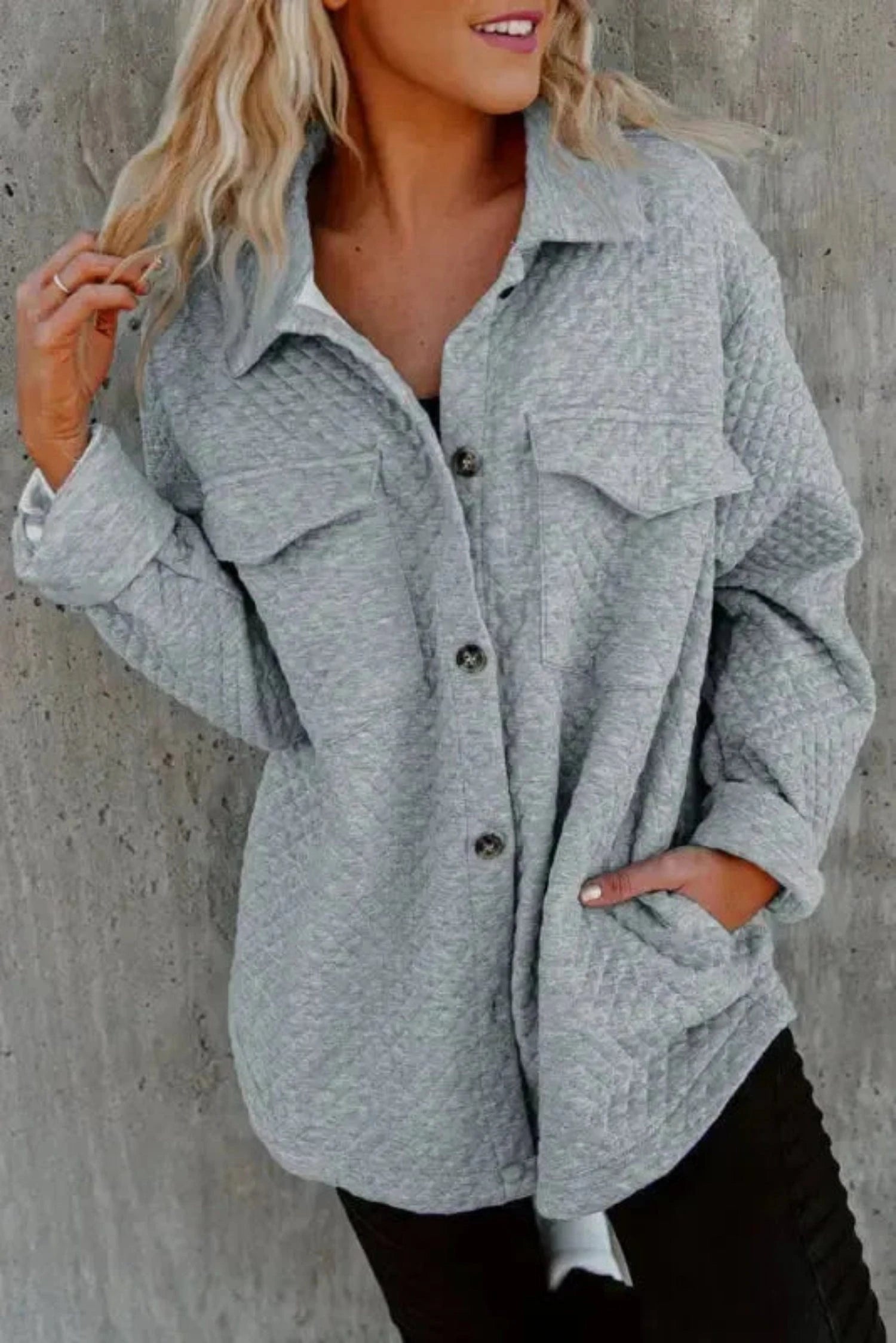Shackets Gray / S / 95%Polyester+5%Elastane Lattice Textured Retro Shacket