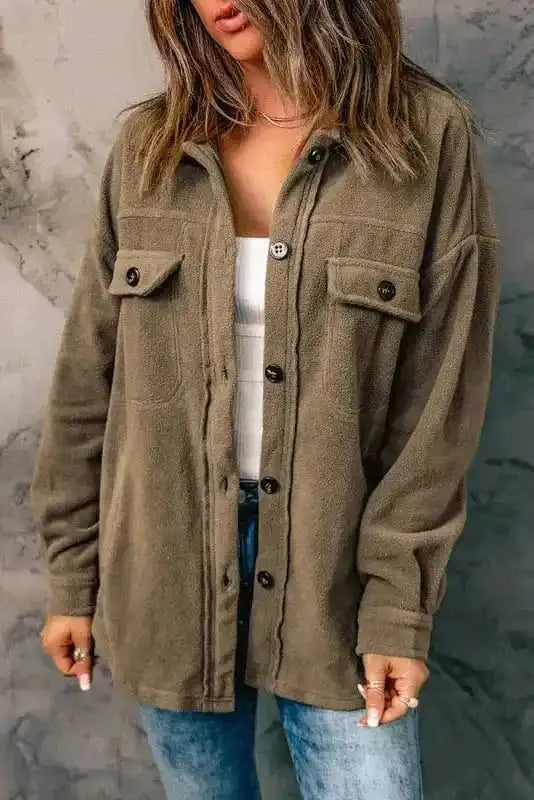 Shackets Green / S / 100%Polyester Turn Down Collar Buttoned Shirt Jacket