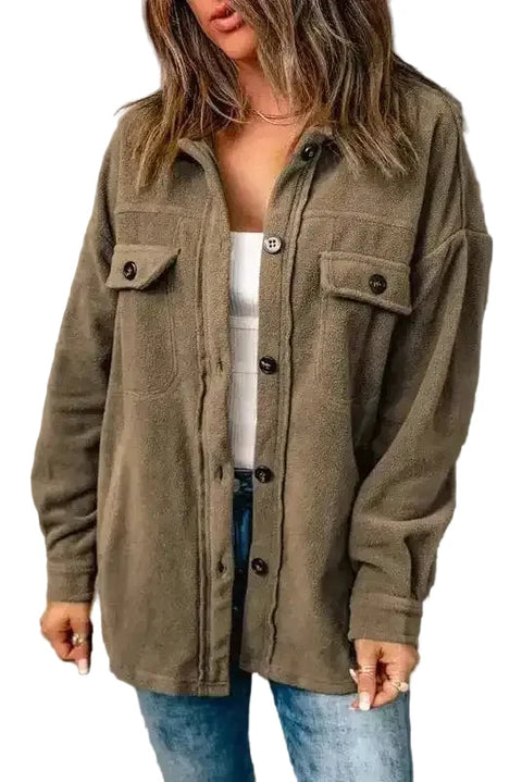 Woman wearing relaxed fit fleece overshirt in off-white front view — Fashionfitz UK