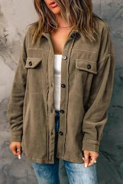 Shackets Green / S / 100%Polyester Turn Down Collar Buttoned Shirt Jacket
