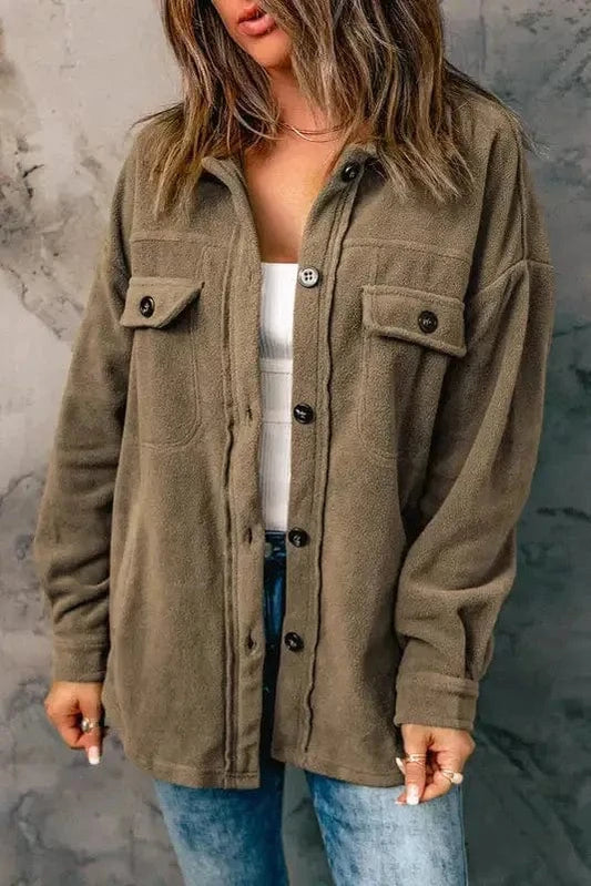 Shackets Green / S / 100%Polyester Turn Down Collar Buttoned Shirt Jacket