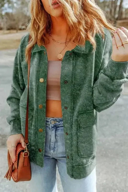 Shackets Green / S / 80%Polyester+20%Cotton Vintage Washed Button Shacket Jacket