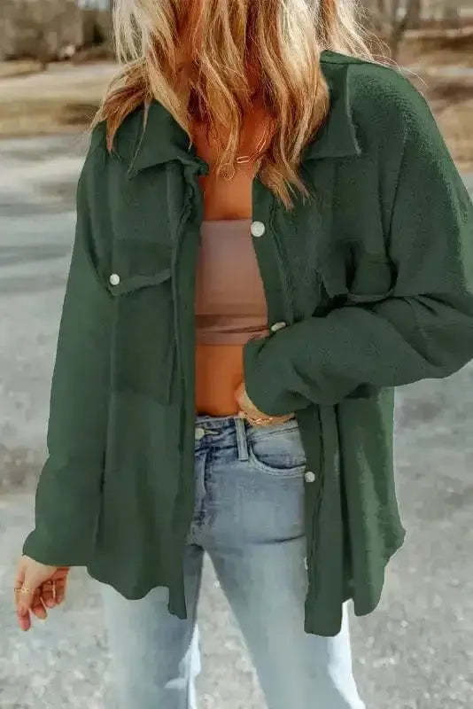 Shackets Green / S / 85%Polyester+15%Viscose Winter Knit Shacket with Chest Pockets