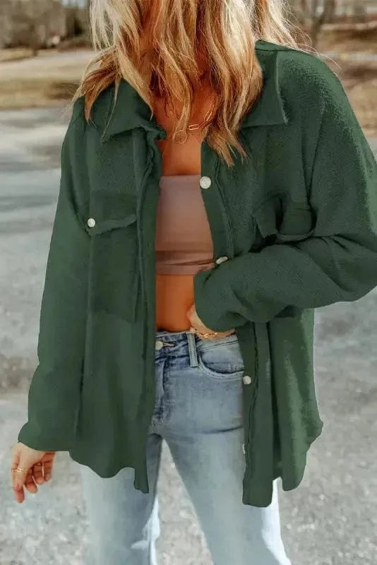Shackets Green / S / 85%Polyester+15%Viscose Winter Knit Shacket with Chest Pockets