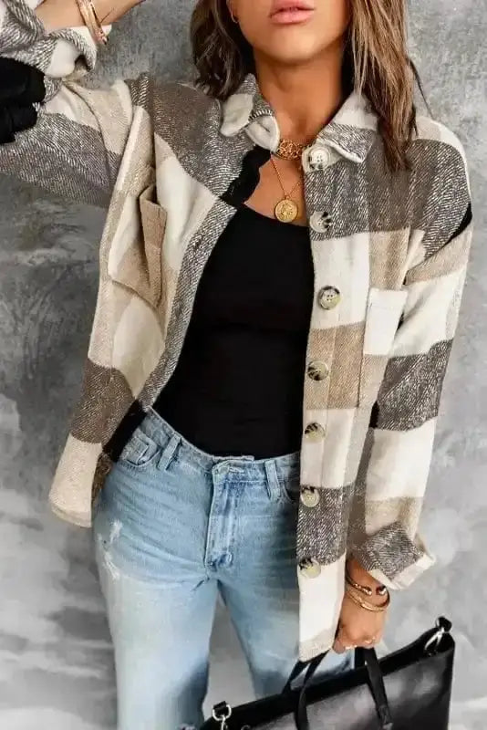 Khaki plaid color block shacket showing button front closure and front pocket detail Fashionfitz UK