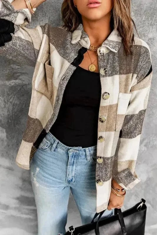 Shackets Khaki / S / 95%Polyester+5%Spandex Plaid Color Block Button Down Jacket