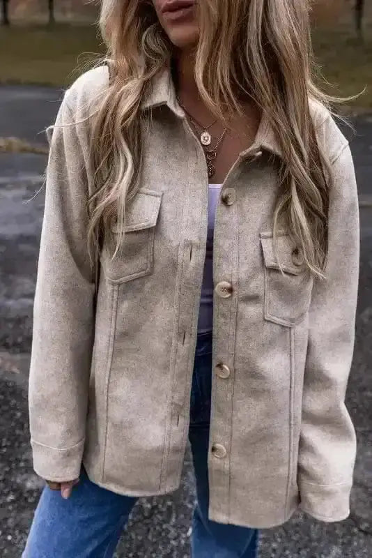 Light grey flap pocket shacket front view — Fashionfitz UK