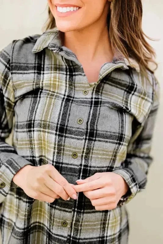 Shackets Oversized Plaid Slit Hem Longline Shirt