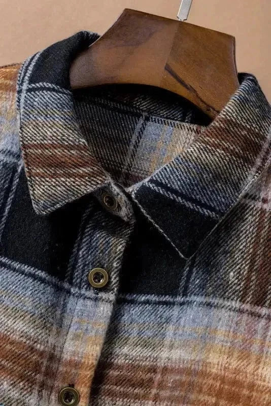 Shackets Oversized Plaid Slit Hem Longline Shirt
