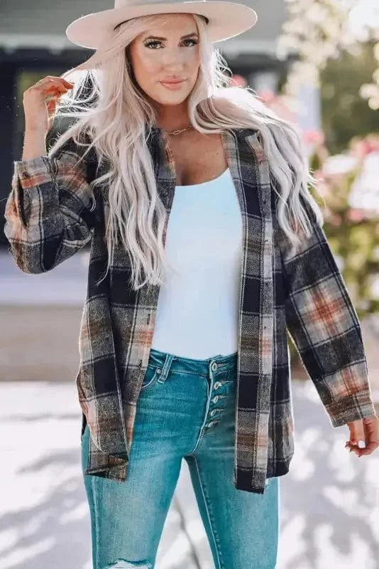 Shackets Oversized Plaid Slit Hem Longline Shirt