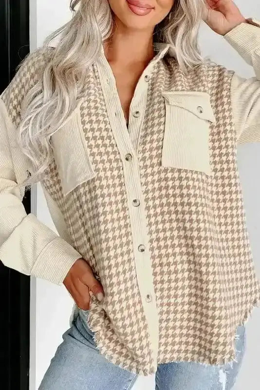 Parchment houndstooth shacket front view — Fashionfitz UK