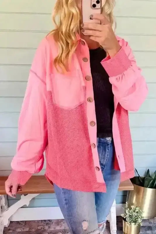 Peach blossom two-tone waffle knit shacket front view — Fashionfitz UK