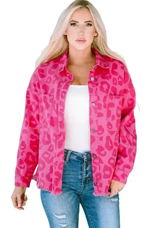 Shackets Pink Leopard Print Denim Jacket