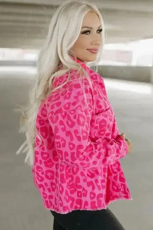 Shackets Pink Leopard Print Denim Jacket