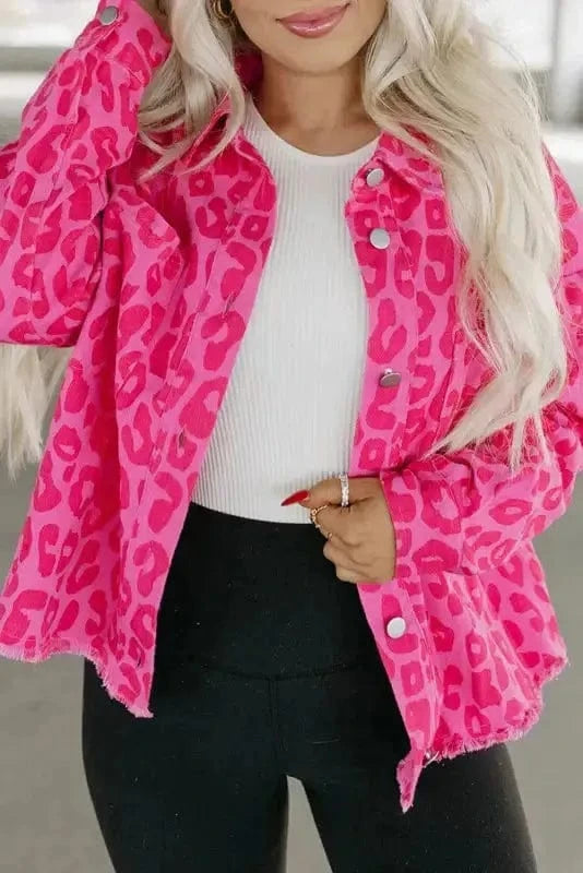 Shackets Pink Leopard Print Denim Jacket