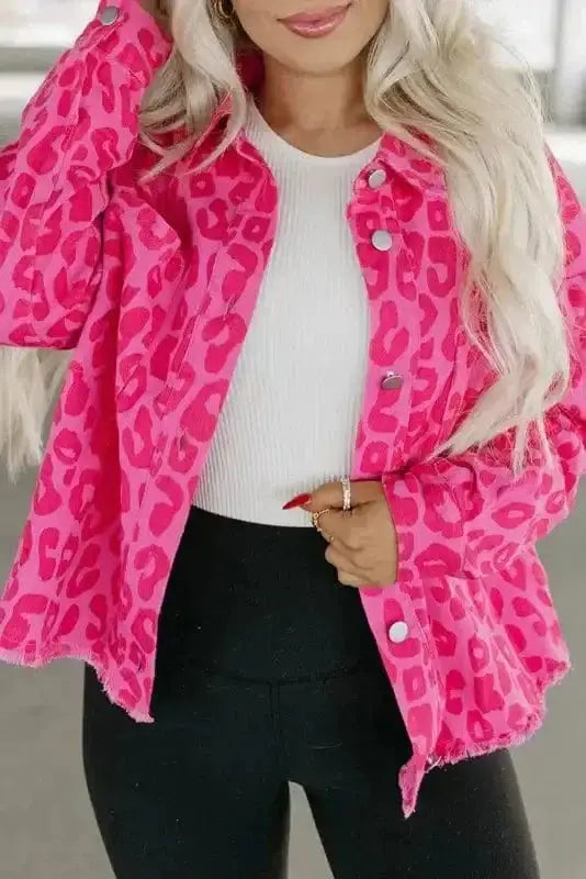 Shackets Pink Leopard Print Denim Jacket