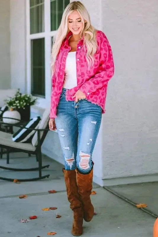 Shackets Pink Leopard Print Denim Jacket