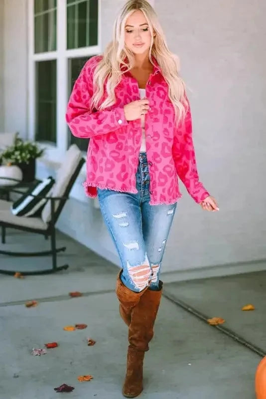 Shackets Pink Leopard Print Denim Jacket