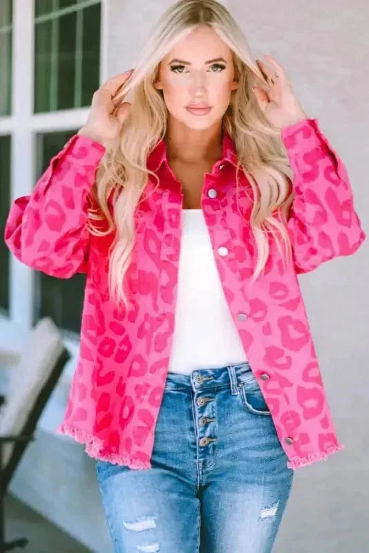 Shackets Pink Leopard Print Denim Jacket
