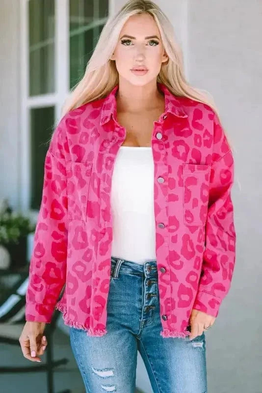 Shackets Pink Leopard Print Denim Jacket