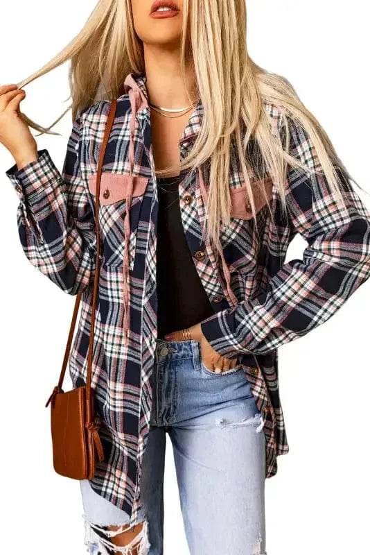 Shackets Pink Plaid Hooded Button-Up Shacket