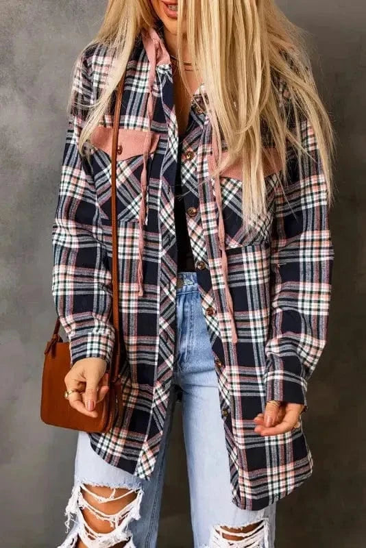 Shackets Pink Plaid Hooded Button-Up Shacket