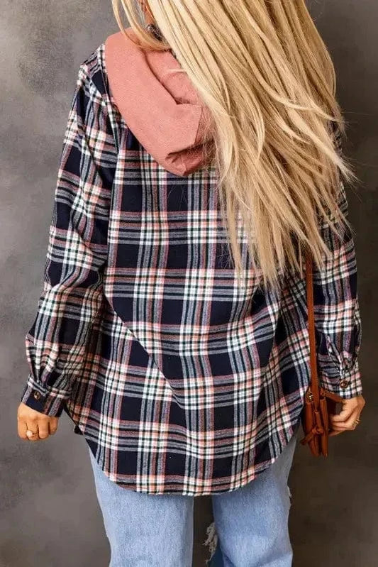 Shackets Pink Plaid Hooded Button-Up Shacket