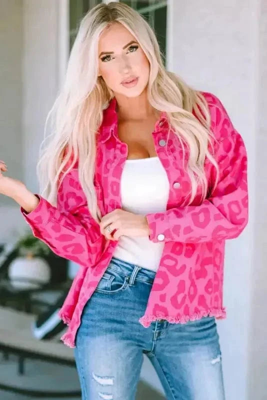 Shackets Pink / S / 100%Cotton Pink Leopard Print Denim Jacket