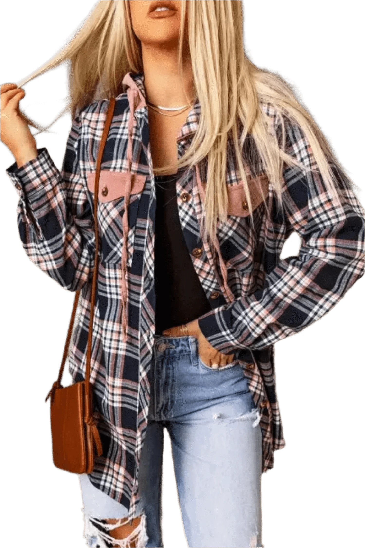 Shackets Pink / S / 100%Cotton Pink Plaid Hooded Button-Up Shacket