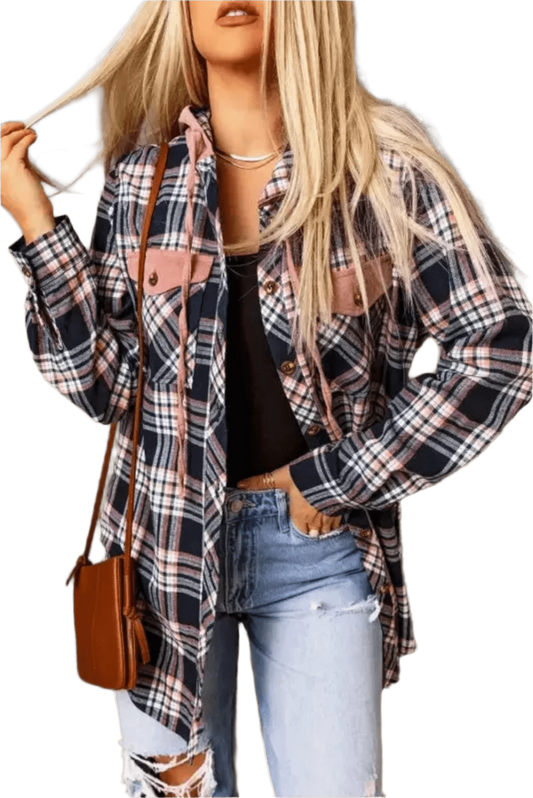 Shackets Pink / S / 100%Cotton Pink Plaid Hooded Button-Up Shacket