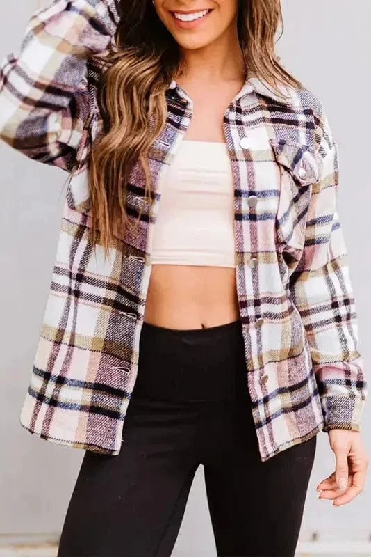 Shackets Pink / S / 100%Polyester Oversized Plaid Shacket for Women