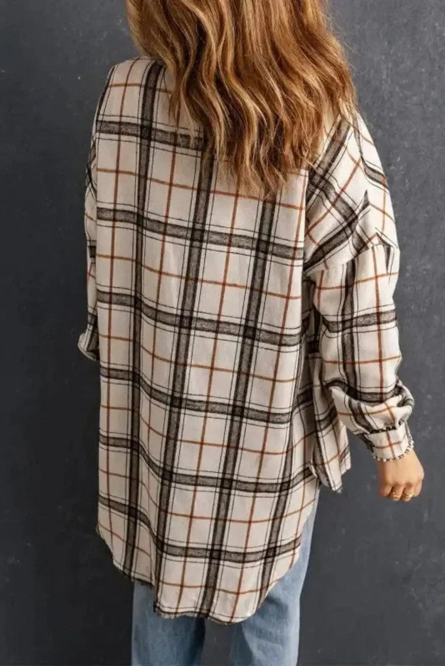 Plaid western shacket showing hi-lo hemline detail and front patch pocket Fashionfitz UK