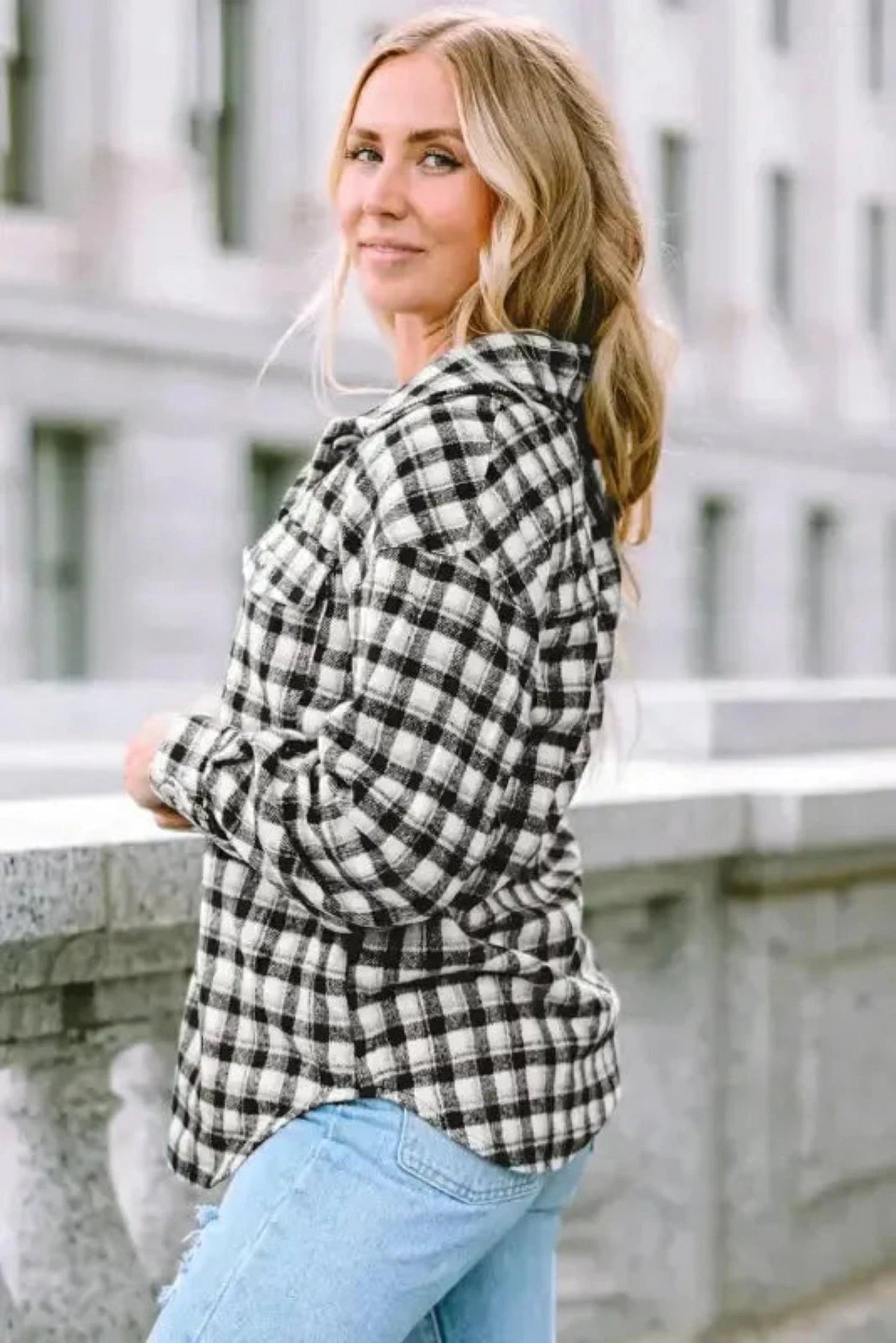 Shackets Plaid Button-Up Tunic Shacket with Pockets