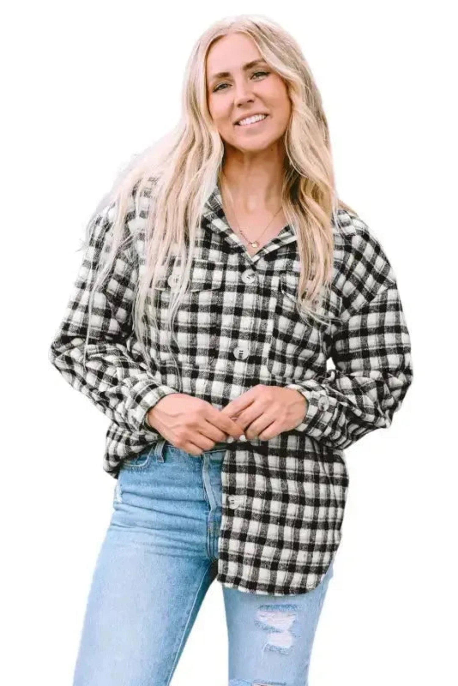 Shackets Plaid Button-Up Tunic Shacket with Pockets