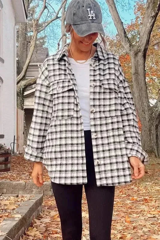Shackets Plaid Button-Up Tunic Shacket with Pockets