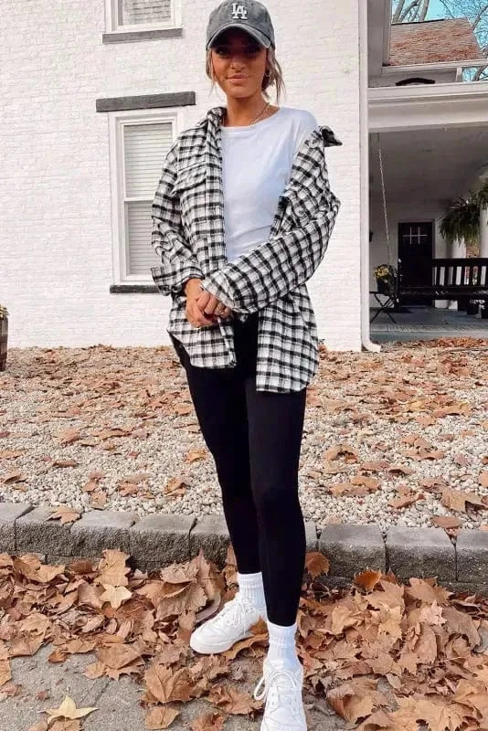 Shackets Plaid Button-Up Tunic Shacket with Pockets