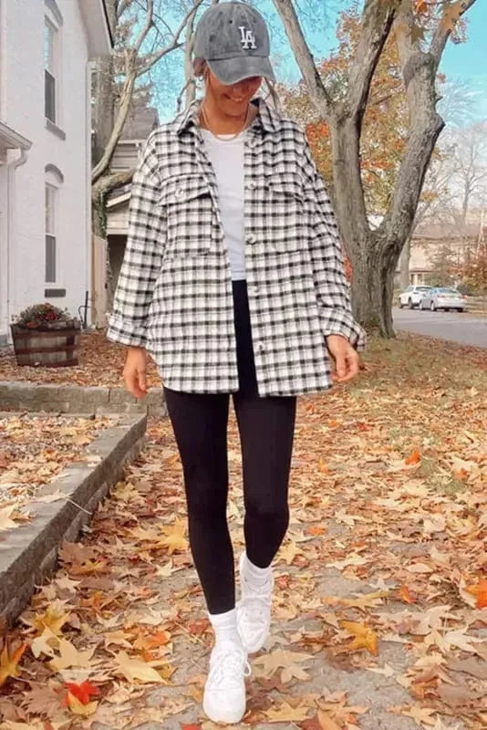 Shackets Plaid Button-Up Tunic Shacket with Pockets