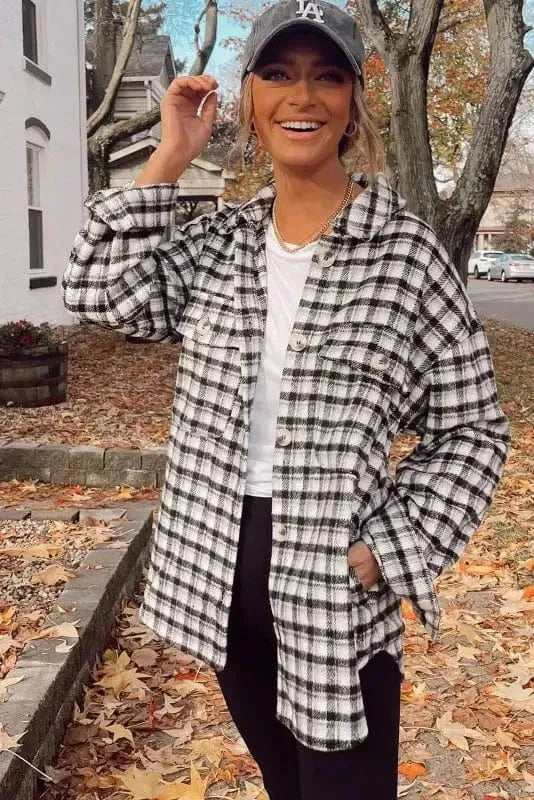 Shackets Plaid Button-Up Tunic Shacket with Pockets