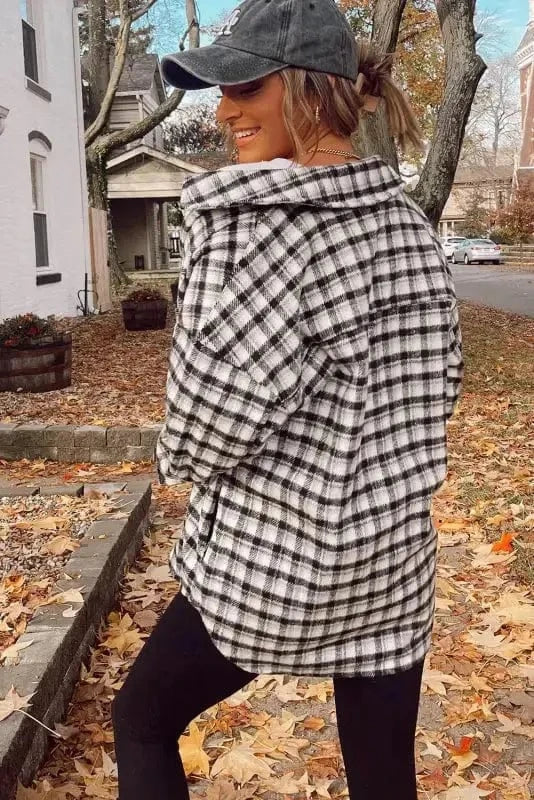 Shackets Plaid Button-Up Tunic Shacket with Pockets