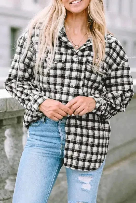 Shackets Plaid Button-Up Tunic Shacket with Pockets
