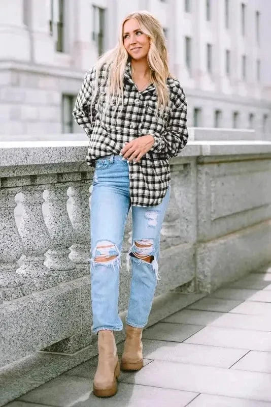 Shackets Plaid Button-Up Tunic Shacket with Pockets