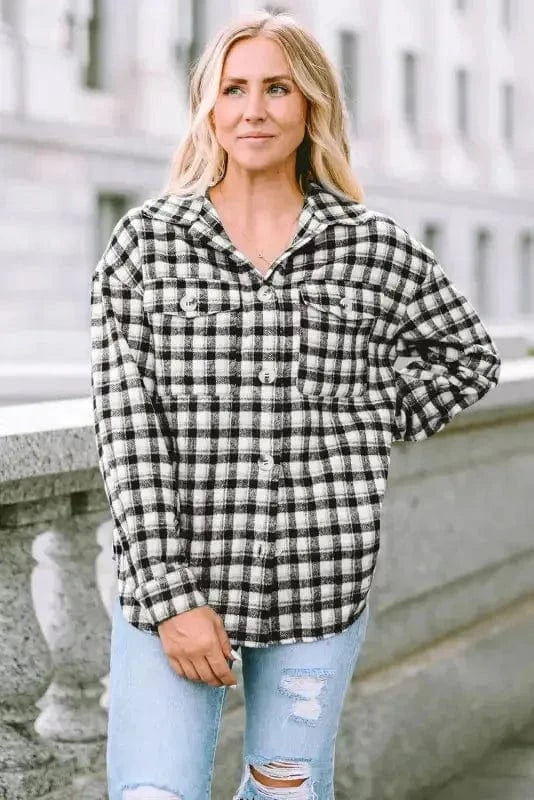 Shackets Plaid Button-Up Tunic Shacket with Pockets