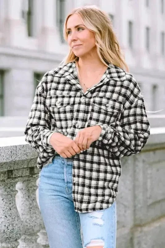 Shackets Plaid Button-Up Tunic Shacket with Pockets